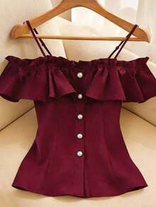 Blusa de hombros descubiertos con botones frontales y volantes de unicolor simple, para verano - Burdeos - Ver 6