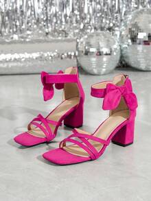 Sandalias elegantes y glamorosas con tacón grueso de punta cuadrada y decoradas con rhinestones, adecuadas para banquetes y fiestas, de moda y versátiles - Rosa Fucsia - Ver 6
