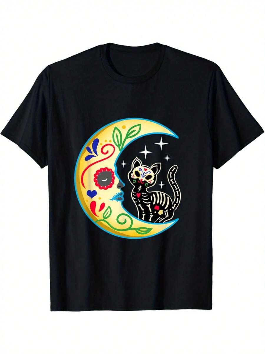 Day Of The Dead Themed T-Shirt, Sugar Skull Design With Cat And Moon, 220 Grams Weight. Men's T-Shirt Made Of Pure Cotton, Comfortable And Versatile, Soft And Breathable, Short Sleeve. - 黑色 - 查看 1