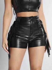 Shorts Ajustados De Patchwork Con Flecos De Pu - Negro - Ver 1