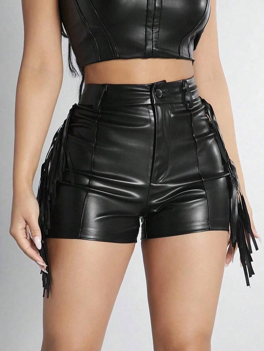 Shorts Ajustados De Patchwork Con Flecos De Pu - Negro - Ver 1
