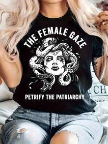 1 Pieza Playera Casual Unisex Estilo TendenciaCamiseta única y exclusiva con diseño impactante de la mirada femenina y serpientes que desafían el patriarcado ideal para el estilo y2k perfecta para destacar en cualquier ocasión atrévete a ser diferente y muestra tu fuerza femenina en cada paso - Negro - Ver 1