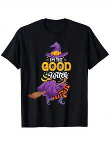Funny Halloween Costume T-Shirt - "I'm A Good Witch" Print T-Shirt With Magic Hat - 100% Pure Cotton, Soft, Unisex - Perfect For Halloween Parties, Birthdays, And Christmas - Machine Washable Black T-Shirt, Festive Outfit, Bold Print Design, Durable Material, Casual Wear, Excellent Gift Choice - 黑色 - 查看 7