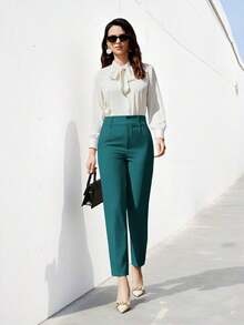 Pantalones de traje sólidos y simples para uso diario de mujer - Verde Oscuro - Ver 4