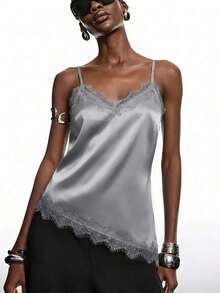 2026 Nueva blusa de satén brillante con encaje gris minimalista de primavera, camisola con adorno de encaje elegante adecuada para primavera/verano; camisa elegante adecuada para fiesta, primavera, Navidad, Año Nuevo; blusa de camisola de satén eleg - Gris - Ver 3
