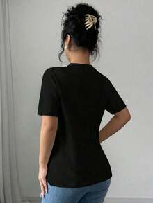 Camiseta de manga corta con decoración de strass para mujer, verano - Negro - Ver 2