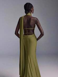 Vestido largo de sirena con espalda abierta y ajustado, de estilo minimalista, adecuado para asistir a fiestas formales, reuniones y galas formales de damas - Verde militar - Ver 3