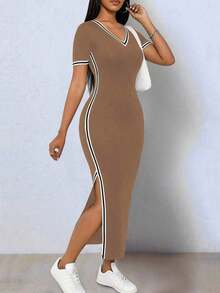 Elegante vestido de punto elástico de color negro y contraste con abertura en el bajo, cuello en V y manga corta para mujeres - Café integral - Ver 7
