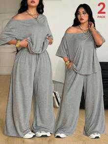 Conjunto de dos piezas de camiseta hombros descubiertos y pantalón ancho de chándal para mujer talla grande, minimalista, ropa de calle, uso diario, salir, deporte, cómodo - Gris - Ver 1