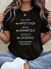 Camiseta de mujer con estampado de letras italianas, de manga corta, cuello redondo, estilo casual, adecuada para verano y primavera, ropa de mujer. - Negro - Ver 1