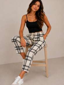 Pantalón Corto pierna recta Cuadros Dama Mujer Casual de Uso Diario Con Bolsas y Cintura Ajustable - Hueso - Ver 3