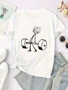 1 Piece CHICLY19 Cotton T-Shirt With Funny Stick Figure Graphic Doing Deadlift, Women's Gym Workout Quote Tee, Loose Fit Black Top, Short Sleeve Round Neck, Fun Aesthetic Cotton Tee For Gym And Everyday Wear, 180g 100% Cotton. - 黑色 - 查看 9