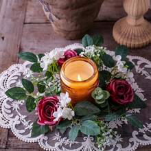 Flower Wreath Candle Rings Decorative Rose Wreath Pillar Candle Garland For Home Dining Table - Burgundy - View 2