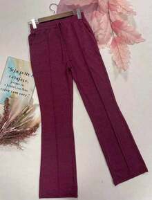 High-Waisted Wide-Leg Pants With Crease, Plain Wool, For Winter. - 紅木色 - 查看 5
