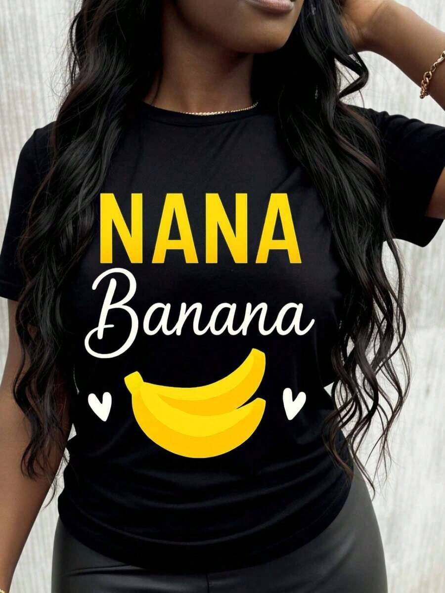 GraphicNana Women's Banana Graphic T-Shirt, Funny Banana Design T-Shirt, Casual White T-Shirt For Women, Summer Top, Gift Idea - 黑色 - 查看 1