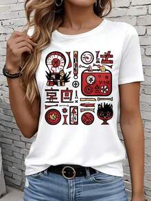 Camiseta de manga corta GraphicLadies para ocio, actividades al aire libre y hogar, 220g, inspirada en anime, con diseño gráfico rojo y negro que presenta símbolos y personajes japoneses, para mujeres, ropa casual, ocio, actividades al aire libre, vacaciones, fiestas, regalo. - Blanco - Ver 3