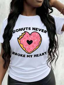 GraphicDonuts Never Broke My Heart T-Shirt With Pink Heart Donut Graphic For Women, Casual Fashion Top. - 白色 - 查看 7