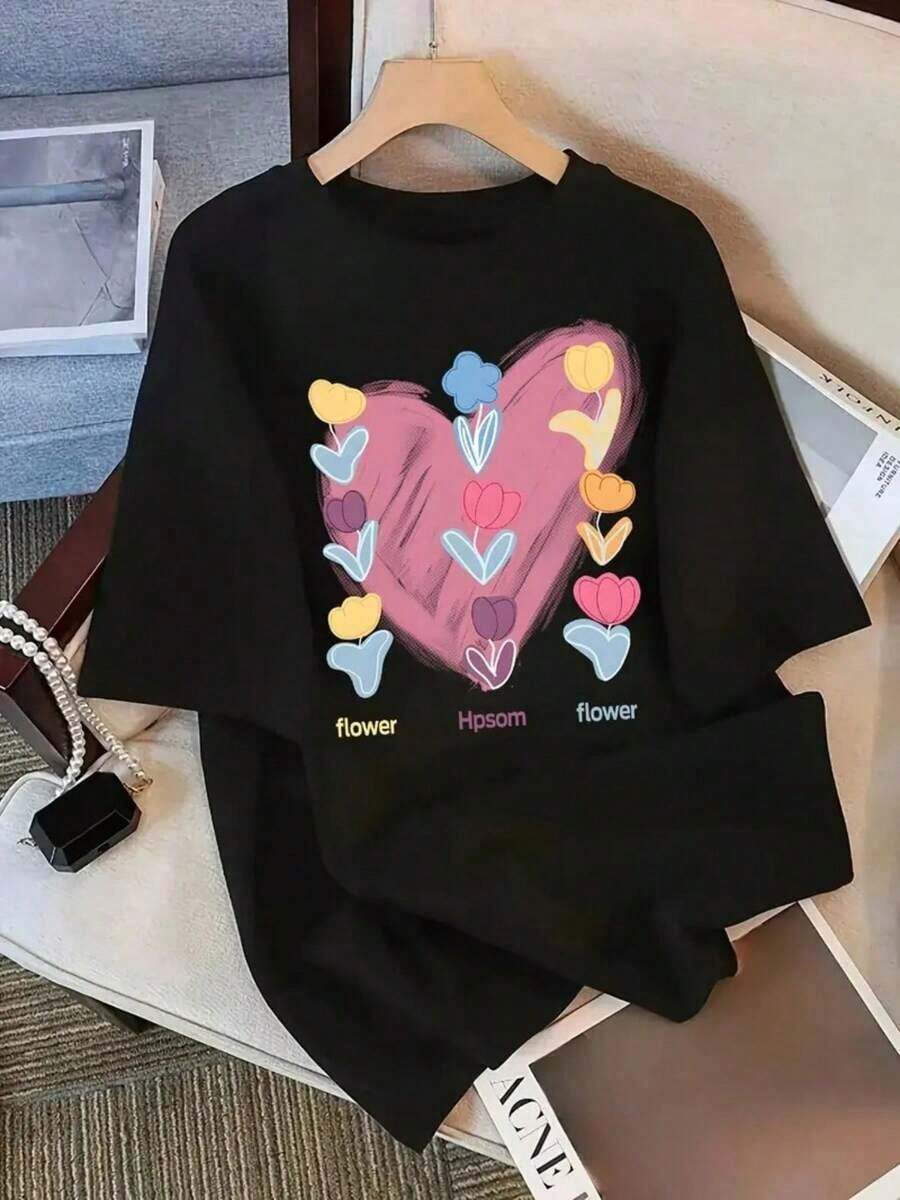 Permeabilidad1 Pieza de Algodón Puro Multicolor, una camiseta suave, cómoda y transpirable para el verano, una camiseta popular y de gran recientemente, que absorbe la humedad y el sudor, estampada con patrones florales de corazón de dibujos animados, adecuada para deportes, actividades al aire libre y uso en fines de semana, la mejor opción de regalo. 180g 100% Algodón espacioso - Negro - Ver 1