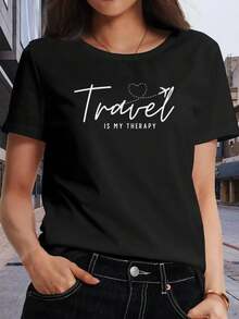 Camiseta Deportiva Casual para Mujer Viajar Mi Terapia - Camiseta Negra Elástica de Cuello Redondo, Lavable aáquina, Ajuste Cómodo y para Todas las Estaciones, Perfecta para Viajeras Apasionadas. - Negro - Ver 1