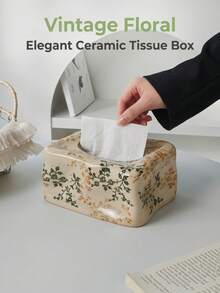 1pc Vintage Floral Ceramic Tissue Box, With Cracked Glaze Surface, Bohemian Style Home Decor Tissue Box - Multicolor - View 12