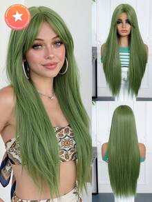 Wig Sintetis Tahan Panas Lurus Warna Hijau Alami 26 Inci Kualitas Bintang 5, Desain Belahan Tengah, Kepadatan Tinggi, Cocok untuk Pemakaian Sehari-hari, Pesta, Pernikahan, dan Festival Musik, untuk Wanita - Hijau - View 1