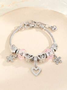 1pc Women's Charm Bracelet, Romantic Heart Flower Pink Crystal Elegant Silver, Daily & Anniversary - Multicolor - View 2