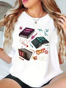 Women's Casual Short Sleeve T-Shirt With Dark Romantic Novel Theme Print - Women's Casual Round Neck Top, Soft Polyester Blend, Loose Fit, Spring And Summer Fashion Must-Have. - 白色 - 查看 12