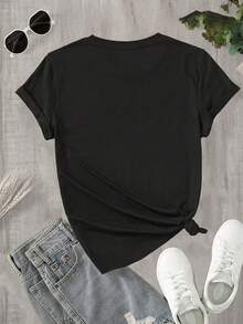 Comfortable And Cozy Women's T-Shirt, Short Sleeve Round Neck T-Shirt, Casual Summer Top For Women, Women's Shirt, YK2 Shirt, Gift For Easter Day, Mother's Day, Gift For Mom, Suitable For Fashionable Girls' Daily Wear, Soft And Relaxed Home Wear. - 黑色 - 查看 2