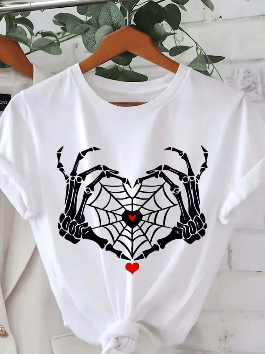 Heart Spider Web - Short-Sleeved T-Shirt With A Round Neck And Regular Fit, Perfect Choice For Spring And Summer, Comfortable Women's Fashion Clothing - Soft, Breathable, Machine Washable, Ideal For Casual Outfits. Women's Blouses > Clothing - 白色 - 查看 1