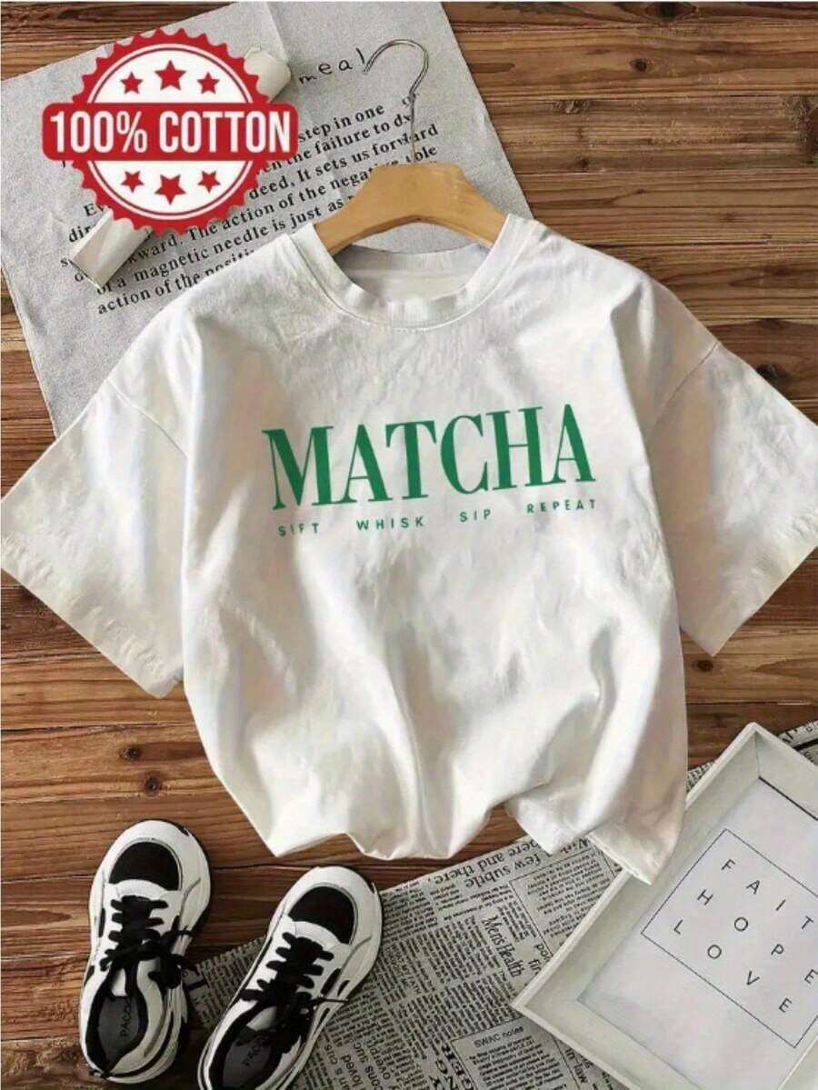1 Piece Of Women's "Matcha" Print T-Shirt - Retro Casual Style, Round Neck, Short Sleeve, Machine Washable, Casual Fashion, 100% Cotton, Casual Style, Y2K Series, 180g, 100% Cotton. - 白色 - 查看 1