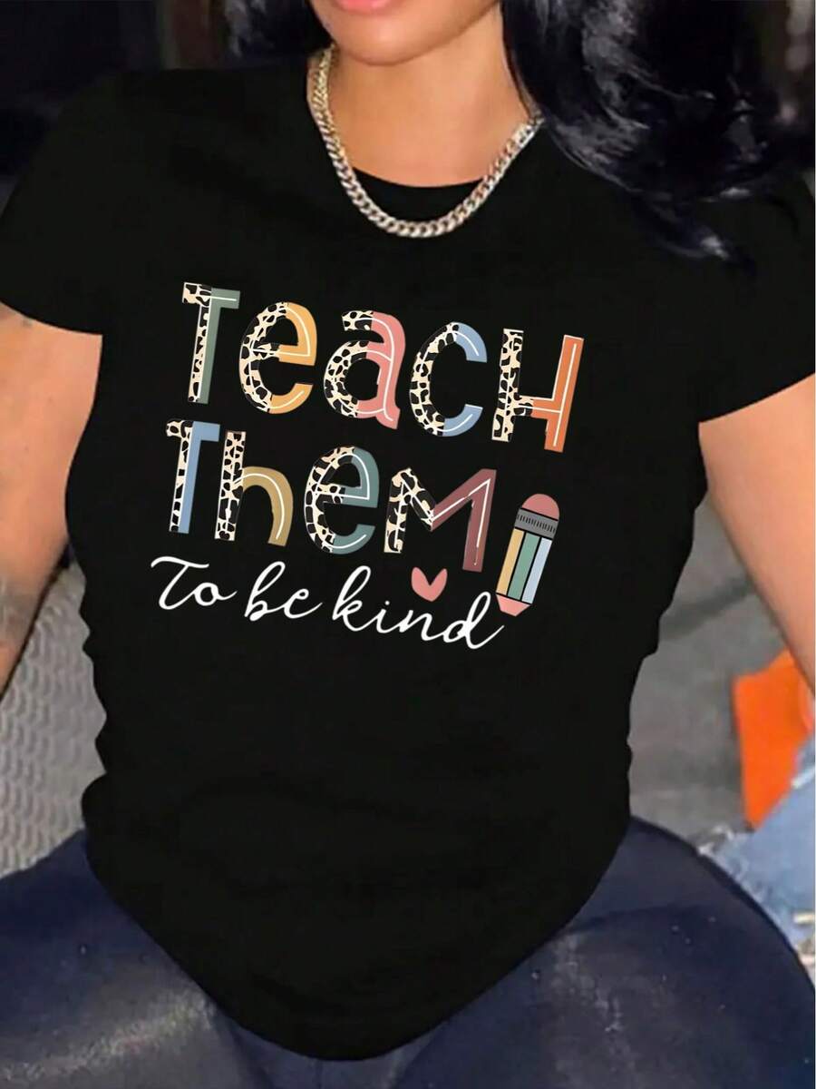 1 camiseta de mujer, cuello redondo cómodo, mangas cortas casuales, top suave y transpirable, camiseta de mujer, estilo urbano primavera/verano, tela de 180g, 100% algodón. - Negro - Ver 1
