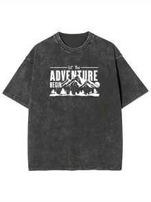 1 Men's Vintage Washed T-Shirt | Heavy-Duty 230 G/M² Urban Style T-Shirt With A Mountain Landscape Print And The Phrase "Let The Adventure Begin," A Casual All-Season T-Shirt, Machine Washable, Perfect As A Holiday Gift Or Adventure Wear. | Classic Crew Neck | 180 G Waxed 100% Cotton Fabric - 黑色 - 查看 6