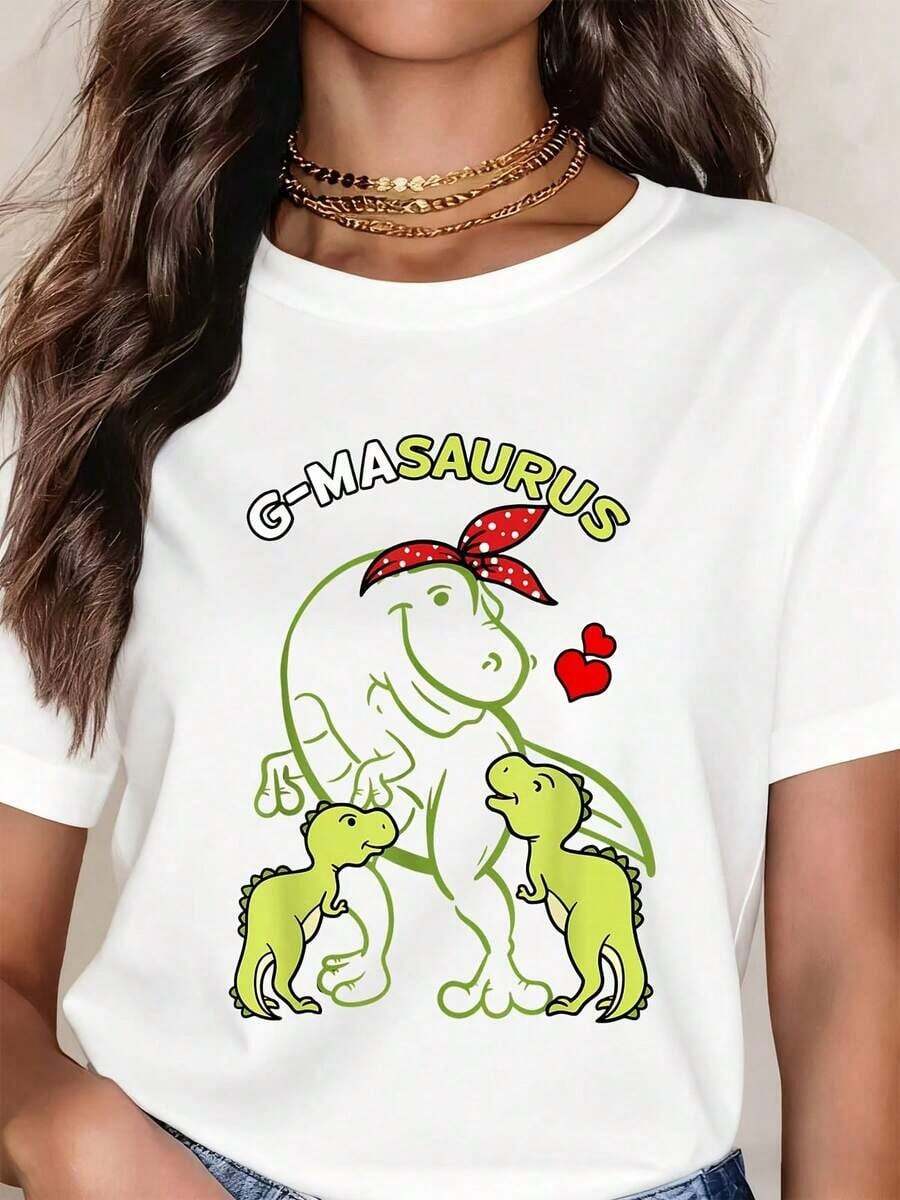 Cartoon T-Shirt With Dinosaur Mom G Masauros And Babies, Cute T-Shirt For Women, Funny Gift For Mother's Day, Casual Black Top. - 白色 - 查看 1