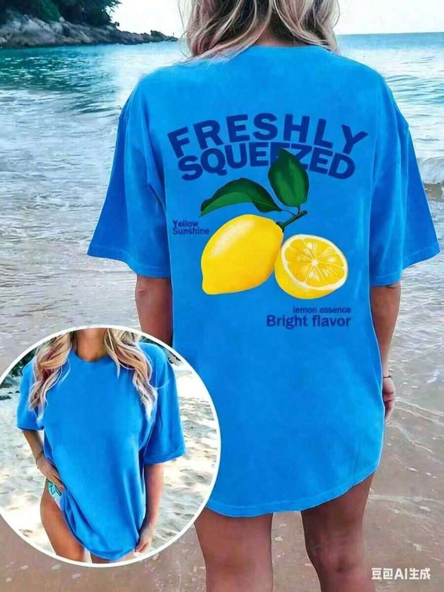 FRESHLY SQUEEZED Casual Short Sleeve Crew Neck T-Shirt With Lemon Vacation Graphic Print, Plus Size, Unisex, Casual Short Sleeve T-Shirts For Men And Women, 100% Cotton - 藍色 - 查看 1