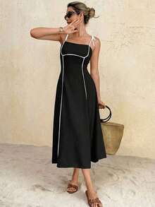 Frenchy Vestido midi con tiras anudadas y ribete de color contrastante para mujer - Negro - Ver 3
