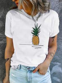 1 Pineapple Print T-Shirt, Short Sleeve And Round Neck, Casual Style, Women's Clothing For Spring/Summer, 180g 100% Cotton. - 白色 - 查看 6
