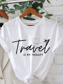 1 Women's Cotton T-Shirt With "Travel Is My Relaxation" Print - Black With White Letters, Airplane And Heart Design, Loose Fit, Short Sleeve, Round Neck, Casual Summer Style, Machine Washable And Breathable, 180g 100% Cotton. - 黑色 - 查看 9