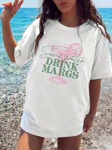 Soft And Breathable Margarita T-Shirt For Women And Unisex - White With Green "Drink Margaritas" Lettering And Pink Cocktail Print, Relaxed Fit, Short Sleeve, Round Neck, Casual Wear For Summer Beach Parties, Machine Washable, Mexican Drink Theme, Women's Tops, Women's T-Shirts - 風格 - 查看 6