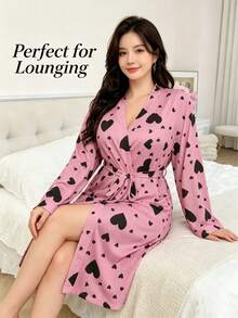 Women's Plus Size Long Sleeve Pink Heart Pattern Bathrobe With Belt, Ribbed Texture Loose Fit Morning Robe, Mid-Length Suitable For Summer, Spring And Autumn, For Bathroom, Gym, Hotel, Beach Vacation, Daily Essentials, Home And Travel, Holiday Gift - Multicolor - View 2