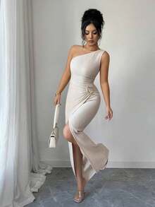 Nuevo vestido maxi de mujer de unicolor y sexy con hombro asimétrico, retorcido y fruncido, con cuello asimétrico, textura de punto y estilo ajustado, con diseño retorcido y con abertura, atuendo elegante para mujer, vestido para fiesta de primavera/verano, vacaciones, San Valentín - Albaricoque - Ver 3