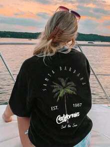 Women's Short-Sleeved T-Shirt, Casual Style, Round Neck, Palm Tree And Letter Print, Holiday Style, White And Pink, 100% Cotton, Urban Casual Style. - 黑色 - 查看 11