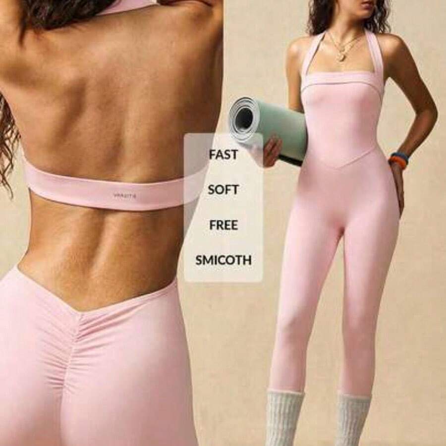 VARSIVA Solid Color Pleated Halter Backless Sleeveless Jumpsuit - Rosa - Ver 1
