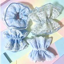 1pc Lace Scrunchie With Layered Hollow Floral Design, Elegant French Style Gingham Pattern, Suitable For Everyday Use Ponytail Holders Hair Elastics Hair Rubber Bands Hair Rope - Baby Blue - View 8