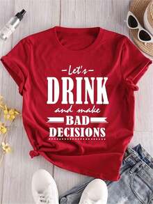New Summer Casual T-Shirts, Party Favors, Short Sleeve T-Shirt With 'DRINK' Letter Print, Crew Neck, Versatile And Fashionable, New Arrivals, Festival Clothes, Mother's Day - Unisex Loose Fit Cotton Short Sleeve Crew Neck T-Shirt, Urban Vintage Style - 紅色 - 查看 1