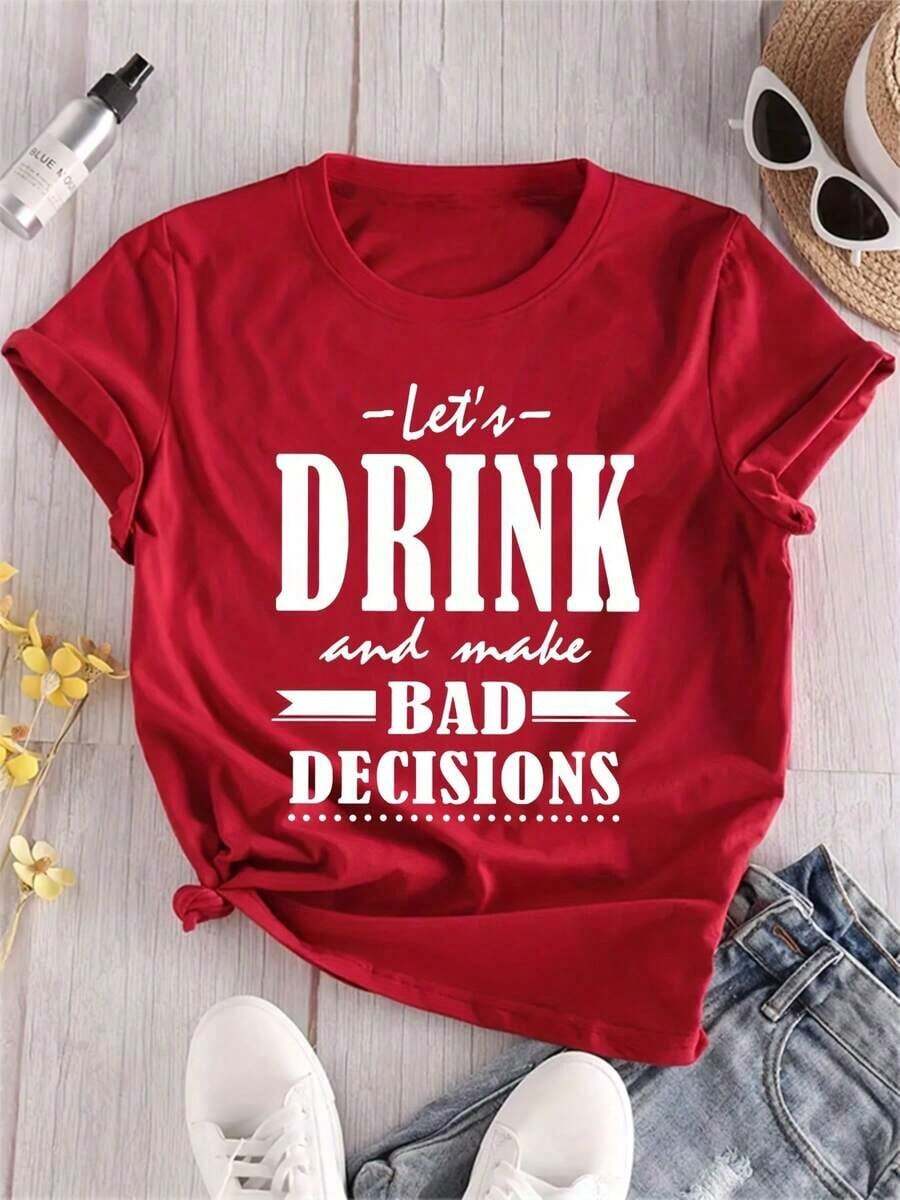 New Summer Casual T-Shirts, Party Favors, Short Sleeve T-Shirt With 'DRINK' Letter Print, Crew Neck, Versatile And Fashionable, New Arrivals, Festival Clothes, Mother's Day - Unisex Loose Fit Cotton Short Sleeve Crew Neck T-Shirt, Urban Vintage Style - 紅色 - 查看 1