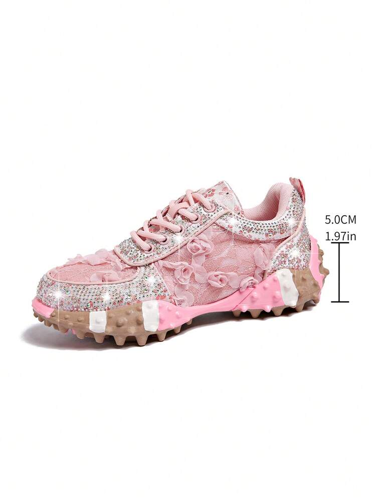 LiangJingJing Women's Pink Rhinestone Chunky Sneakers With Floral Lace Detail, 3D Flower Applique, Lace-Up Front And Coquette-Inspired Look - Pink - View 5