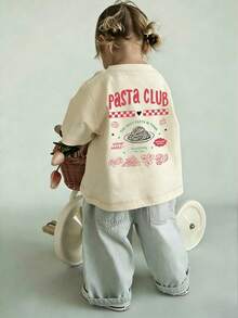 1 chiếc áo thun ngắn tay cho bé gái "PASTA CLUB" in hình đồ ăn Ý cổ điển - Màu be - Xem 1