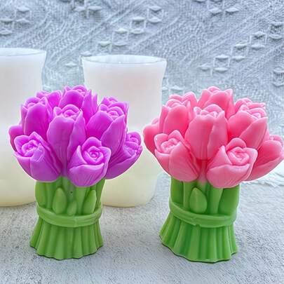 郁金香花束香薰蜡烛硅胶树脂模具，DIY百合郁金香花束蜡烛家居装饰模具