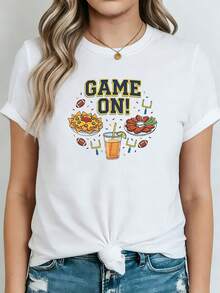 Plus Size Women's T-Shirt For Spring/Summer With A Sports And Food Print, A Fun And Casual GAME ON Style. Suitable For Sporting Events, Get-Togethers With Friends, Family Movie Nights, Casual Outings, And Social Occasions. Short Sleeves Make It Perfect For Everyday Wear. - 白色 - 查看 1