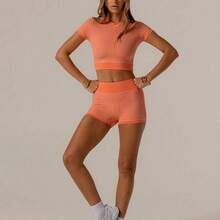 Leisurewear Activewear Set With Contrast Colours Cute Summer Top And Bike Shorts Combo Perfect For Summer Vacation Outfits Or Airport Outfit For Women - Rojo anaranjado - Ver 9